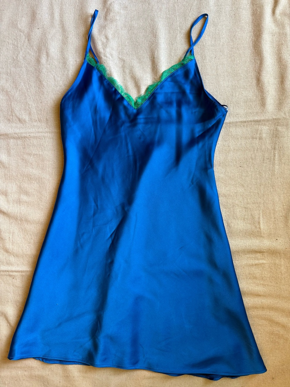 Zara Blue Satin Slip Dress with Green Lace Trim